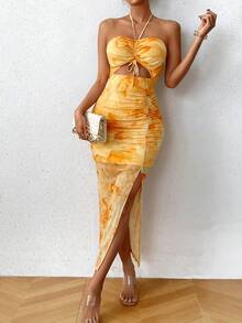 SHEIN x Marika Sila Breezaya 女士吊带褶皱网纱印花连衣裙长款女装 - 黃色 - 查看 3