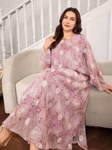 Al Najma Plus Size Women V-Neck Long Sleeve Loose Chiffon 3D Beaded Embroidery Romantic Elegant Arabic Maxi Dress, Spring/Summer - Multicolor - View 1