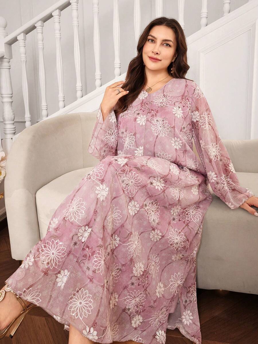 Al Najma Plus Size Women V-Neck Long Sleeve Loose Chiffon 3D Beaded Embroidery Romantic Elegant Arabic Maxi Dress, Spring/Summer - Multicolor - View 1
