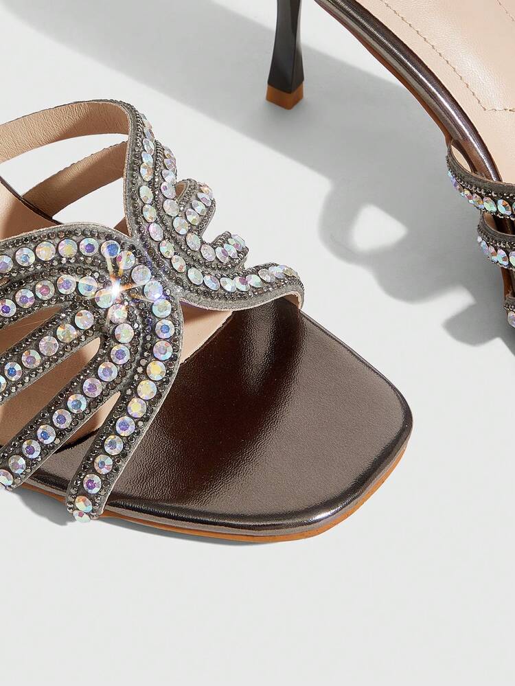 CUCCOO SZL Women's Fashion Square Toe Voltage Upper Rhinestone Decorative Stiletto Party Sandals Prom Heels