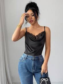 SHEIN PETITE 女士优雅高领缎面蕾丝吊带背心 - 黑色 - 查看 6