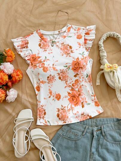 Soleia Camiseta con estampado floral y volante en el bajo, adecuada para vacaciones de verano y la playa