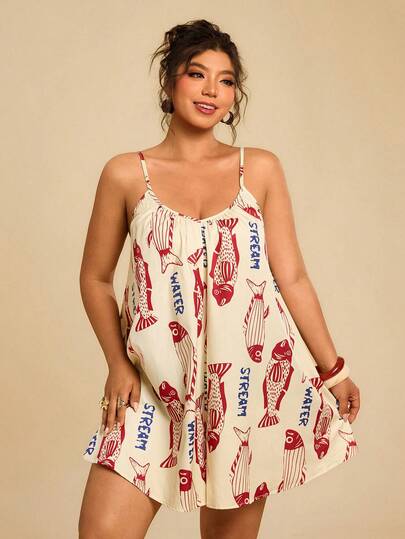 Travachic Jumpsuit für Damen in Große Größen mit Fischprint, rückenfreier Schnitt mit Bindeträgern, Sommer, Sommeroutfits für Frauen, Strandmode, Strandoutfits für Frauen, Urlaubsoutfits für Frauen, bequem, fließend, Jumpsuits für Frauen