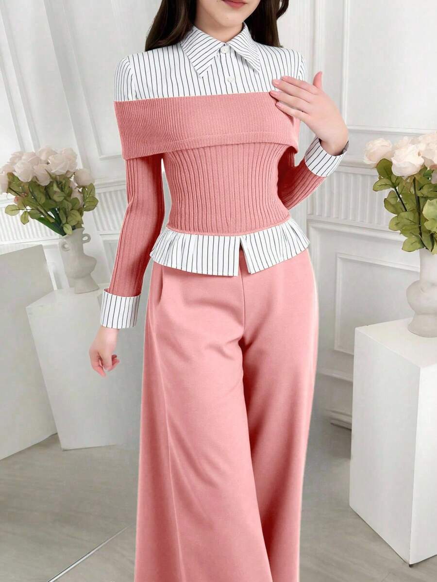 Sparklyn Striped Patchwork Ribbed Casual Shirt And Pants Set, For Teens - Pink - View 1