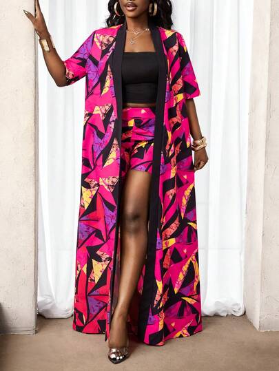 BamGleam Printed Long Vacation Jacket, Vibrant Resort Style Long Cardigan Jacket, Colorblock Geometric Print Loose Short Sleeve Outerwear, Casual Travel Fashionable Lightweight Jacket