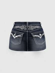 ROMWE J-Fashion Y2K 风格大码女式低腰牛仔迷你裙，带翅膀刺绣和水钻装饰，适合夏季