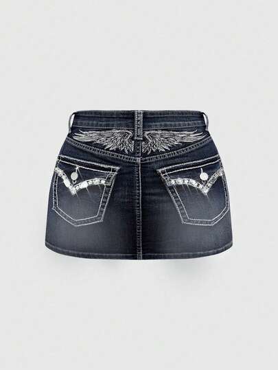 ROMWE J-Fashion Y2K Style Plus Size Women's Low Waist Denim Mini Skirt With Wings Embroidery And Rhinestone Decoration, For Summer