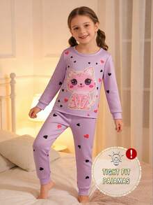 2pcs Girls Cute Cat & Heart Glow-In-The-Dark Print Snug Fit Pajama Set, Long Sleeve Top And Pants - Multicolor - View 3