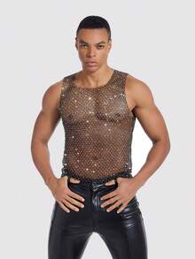 Manfinity AFTRDRK Men's Sexy Nightclub Party Rhinestone Elastic Mesh Sheer Tank Top - Black - View 4