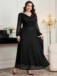 Modelyn Đầm ren thanh lịch cổ khoét sâu tay phồng dành cho phụ nữ cỡ lớn - màu đen - Xem 6