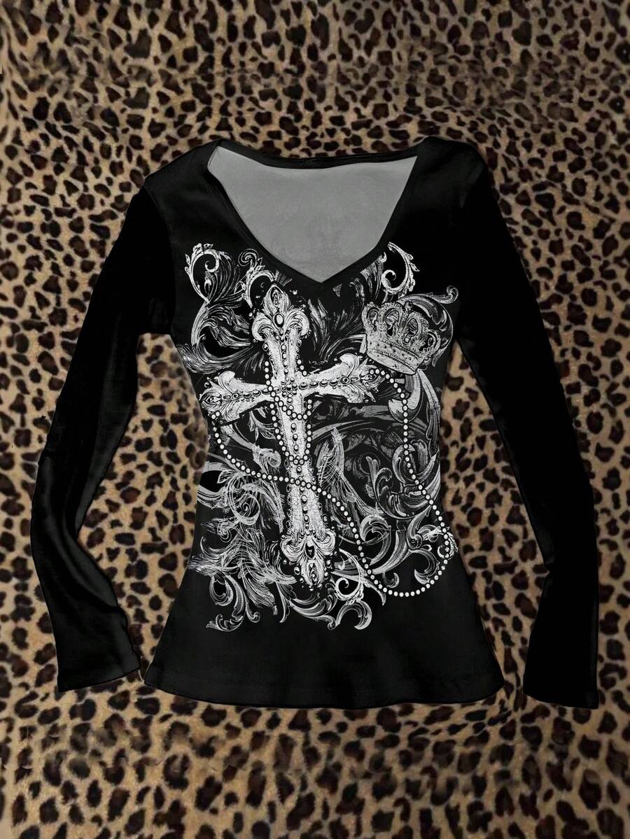 Attitoon 休闲复古朋克 Y2K 百搭派对机场装扮，十字皇冠项链，做旧花卉印花，黑色 V 领修身长袖 T 恤，适合秋冬季嘉年华穿着，舒适百搭 - 白色 - 查看 1