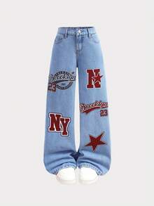 SHEIN 女童超大字母印花蓝色牛仔裤 - 淺色水洗藍 - 查看 3