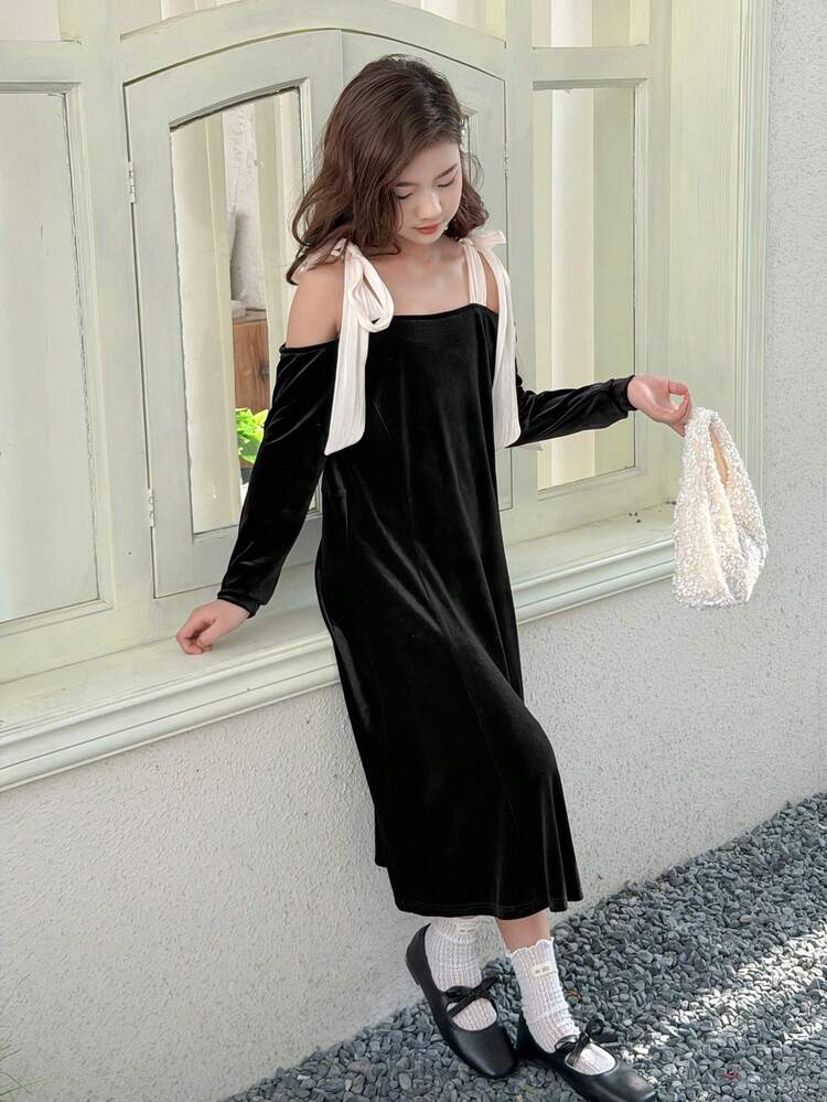 Tween Girl Colorblock Twist Cutout Shoulder Long Sleeve Cinched Waist Dress