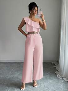 Elenzga Women's Casual Jumpsuit With Ruffled Shoulder, Loose Fit For Beach, Office, Party, Suitable For Spring/Summer - Pink - View 5