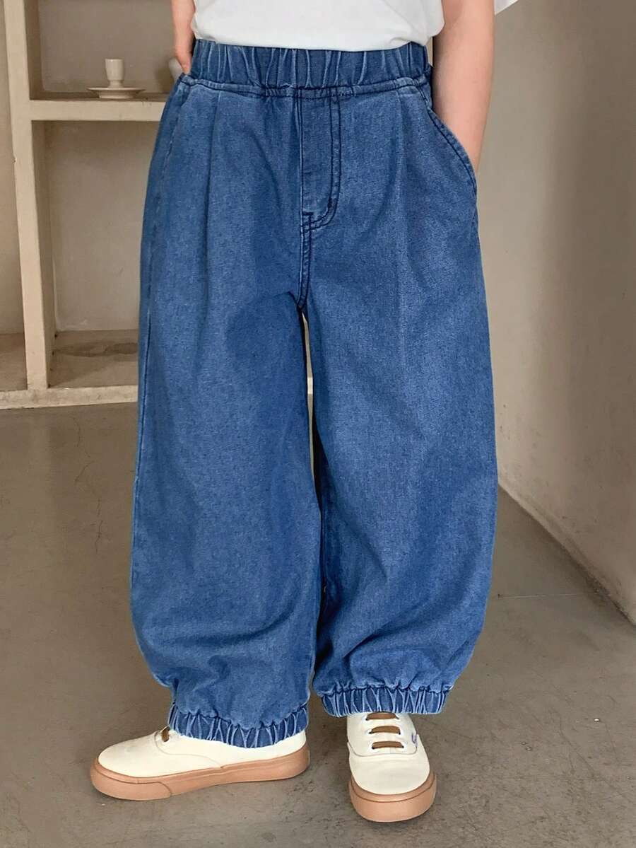 DAZY Young Girl Elastic Waist Pockets Casual Versatile Wide Leg Tapered Jeans - Blue - View 1