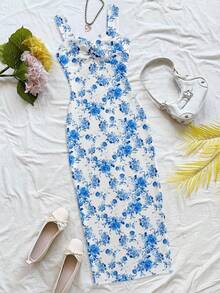 Soleia Blue White Floral Twist Midi Dress - Elegant Summer Vacation & Wedding Guest Outfit - Multicolor - View 1