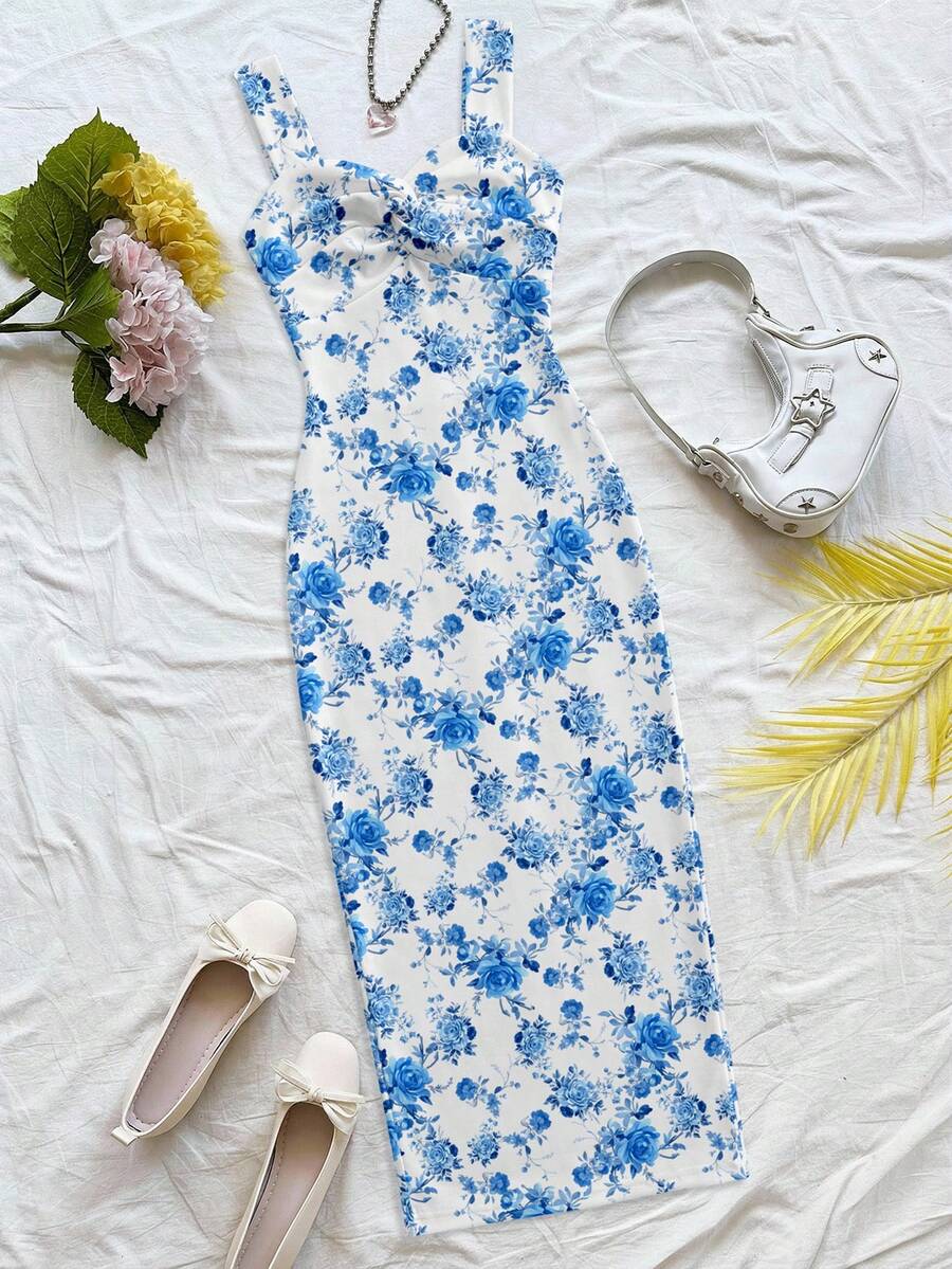 Soleia Blue White Floral Twist Midi Dress - Elegant Summer Vacation & Wedding Guest Outfit - Multicolor - View 1