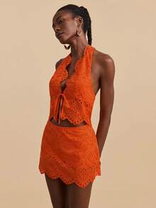 Travachic Women's Halter Neck Embroidered Tie-Front Crop Top And Mini Skirt 2-Piece Set, Fashionable For Dates And Parties - Orange - View 6
