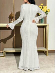 Modelyn Women's Round Neck Long Sleeve Ruffle Waist Tie Fitted Elegant Lace Dress - Apricot - View 3