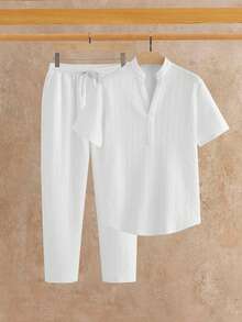HIMLAND Loose Fit Men's Notched Neck Top And Drawstring Waist Pants Set - White - View 6