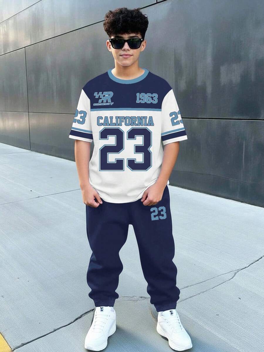 Tween Boy Navy Blue Y2K Streetwear Summer School Back-To-School Retro Colorblock Number 23 Print Round Neck Short Sleeve T-Shirt And Pants Set - White - View 1