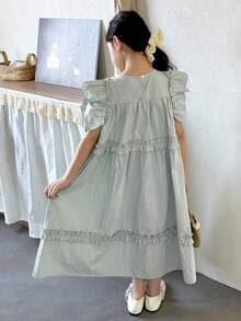 Dazy Kids Tween Girls' Casual Vacation Style Solid Color Ruffle Armhole Smock Dress, Summer - Green - View 6