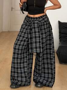 Coolane Women's Plus Size Spring/Summer Clothes For Women Going Out Streetwear Plaid Woven Tie-Waist Wide Leg Loose Casual Pants Plaid Pants Checkered Pants - Black and White - View 3