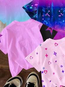 SHEIN 4pcs/Set Young Girl Casual Cartoon Pattern Round Neck Short Sleeve Basic T-Shirts, Suitable For Spring & Summer - Multicolor - View 7