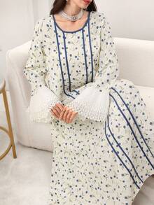 Yasmyna Women's Apricot Woven Floral Print Contrast Blue Elastic Long Sleeve Ruffle Hem Elegant Arabic Dress, Spring/Summer - Apricot - View 7