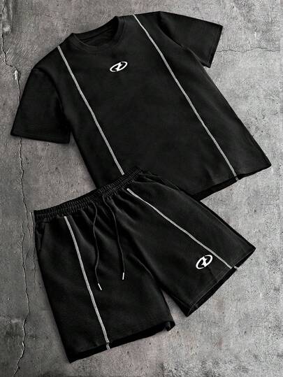 AXEPEAK Men's Round Neck Short Sleeve T-Shirt And Drawstring Waist Short Sleeve Casual Outfit For Daily Wear