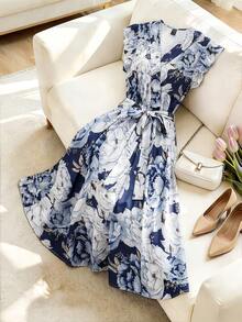 Franclia Women's Elegant Floral Print Overlap Collar Ruffle Hem Dress, Summer - Blue and White - View 5