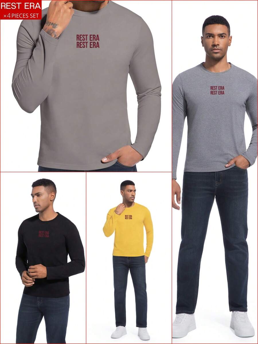 Rest Era Bộ 4 áo thun dài tay in chữ dành cho nam, kiểu dáng thường ngày, thời trang. - Nhiều màu - Xem 1