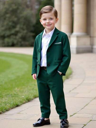 SHEIN 2pcs/Set Young Boy Casual School Style Cute Green Gentleman Outfit, Solid Color Blazer Jacket And Pants For Toddler Boys , Suitable For Summer St Patrick's Day