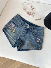 Elamini Quần short denim thêu họa tiết cạp thấp dáng casual dành cho nữ, thích hợp mặc mùa hè. - Rửa nhẹ - Xem 4