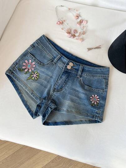 Elamini 女士休闲低腰刺绣牛仔短裤，夏季
