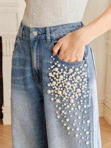 Anewsta Women's Fashionable, Glamorous, Sexy White Pearl Romantic Party Vacation Blue Straight Leg Jeans - Blue - View 2