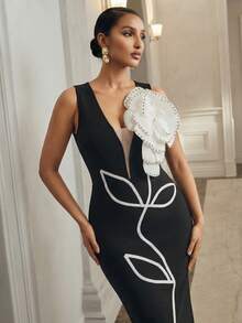 Anewsta Robe moulante noire à col V profond sans manches pour femmes, robe de cocktail sexy pour fête avec décoration florale 3D - Noir - Voir 1