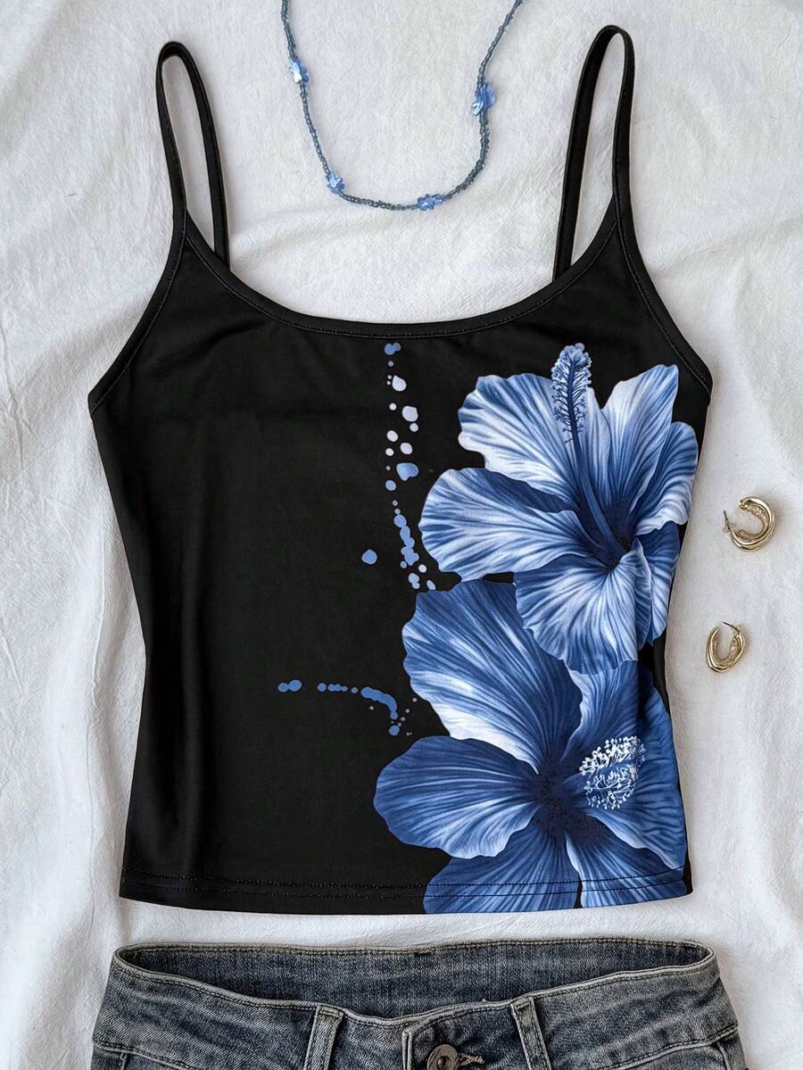 少女休闲度假风黑色底蓝色花卉印花吊带衫 - 黑色 - 查看 1