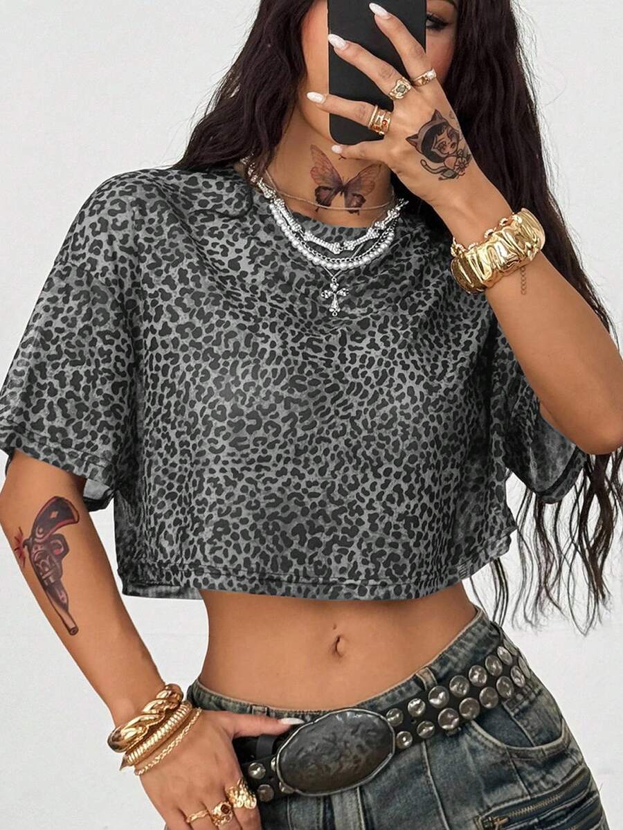 Women's Summer Concert Rave Festival Streetwear Casual Going Out Renaissance Fair Y2K Leopard Sheer Short T-Shirt Tees,Summer Top - Grey - View 1