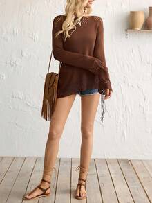Florisole Casual Loose Crew Neck Long Sleeve Knit Hollow Splice Tassel Hem Pullover Sweater, Spring/Summer - Brown - View 4