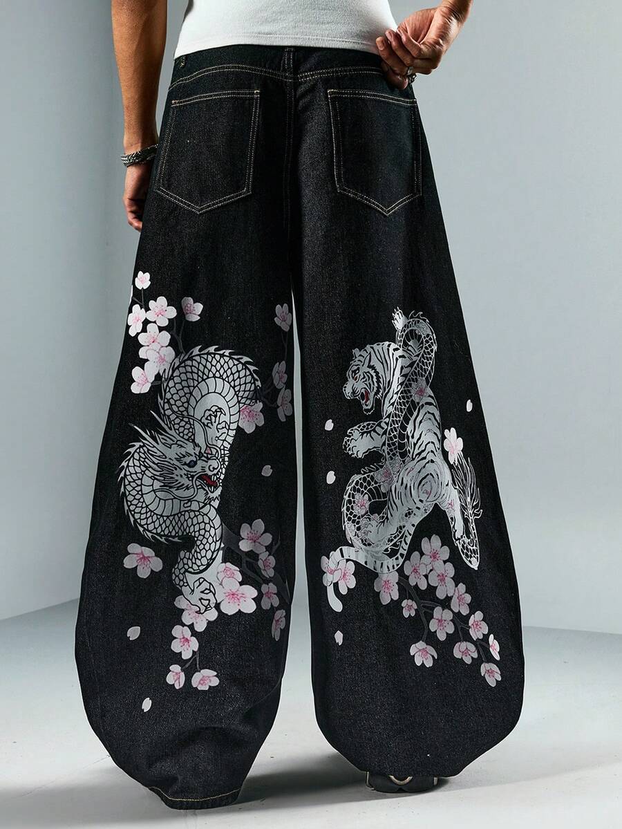 ROMWE MEN Street Life Jeans casuales de hombre con estampado floral y desgastados - Negro - Ver 1