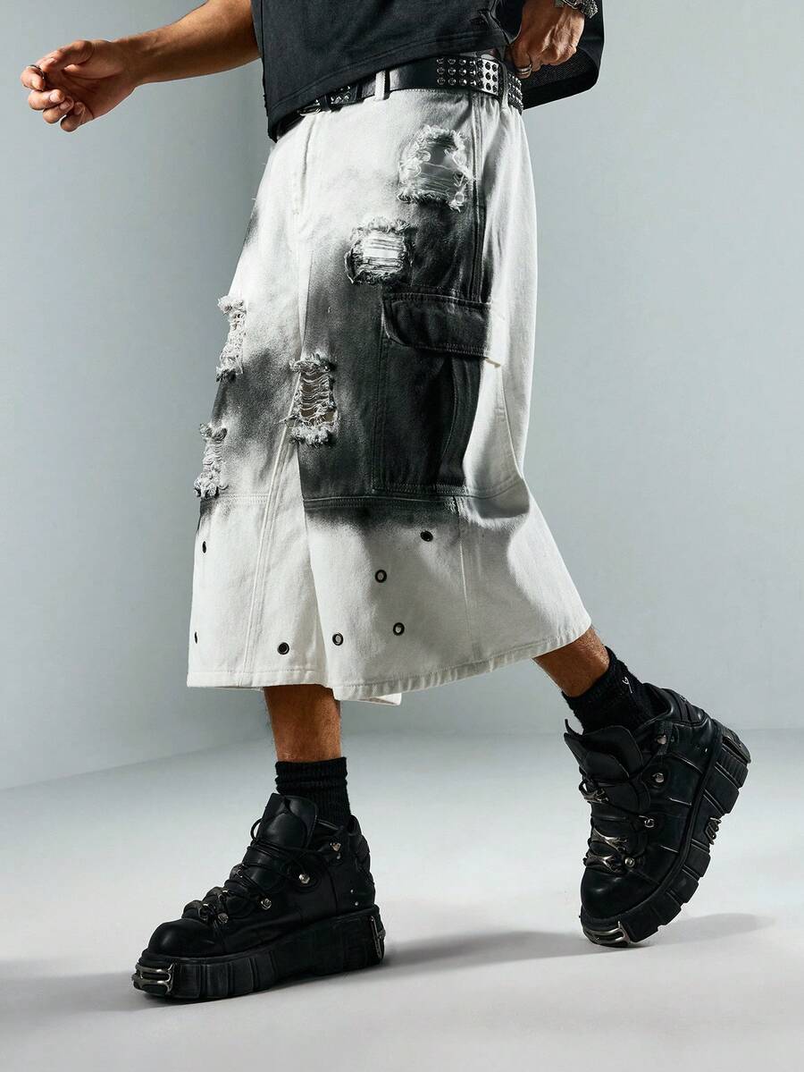 ROMWE MEN Street Life 男士夏季休闲时尚街头渐变水洗做旧铆钉宽松阔腿工装牛仔裤，不含链条腰带 - 白色 - 查看 1