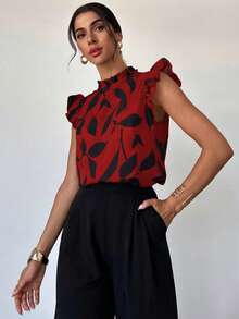Firerie Women's Elegant Floral Print Cap Sleeve Blouse, Suitable For Daily Wear And Vacation,Red Top - Red - View 4