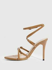 CUCCOO SZL 女士时尚尖头细高跟杏色细带钻石扣带高跟凉鞋性感派对宴会夜店女凉鞋 - 杏色鑽扣 - 查看 9