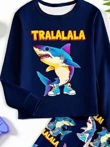 SHEIN GraphicGems 一套男童Tralalero Tralala可爱卡通鲨鱼印花修身睡衣套装，长袖上衣和裤子，时尚清爽，春秋季 - 灰色 - 查看 3