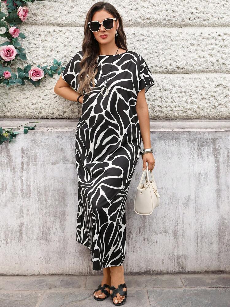Plus Size All-Over Print Round Neck Casual Versatile Short Sleeve Dress For Summer/ Vacation Plus Size Dress Black And White Maxi Dress Black And White Dress Summer Outfits Beach Outfit For Women Summer Holiday Outfits Casual Outfit For Women Formal Attire For Women Elegant Long Dress, Summer Dresses