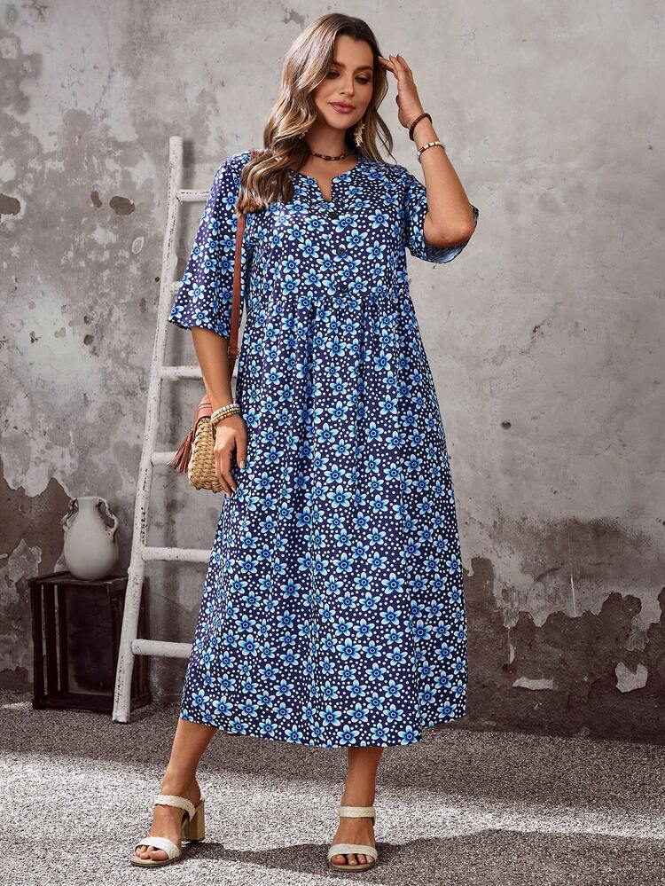 Plus Size Ditsy Floral Notched Neck Casual Vacation Dress,Summer/Spring/Flower Country Style For Women Summer Holiday Outfits Spring Break Outfits  Floral Dress  Blue Floral Dress Blue Summer Dress Women