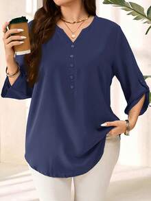 Miaspire Blusa de verano casual de unicolor azul de manga 3/4 para mujer de talla grande, ideal para primavera temprana, verano, vacaciones, vacaciones de primavera, vacaciones, salidas, nueva colección 2026, simple y de moda para uso diario, blusas de cuello en V para mujeres - Azul - Ver 4