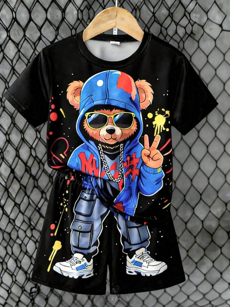 SHEIN Sparklyn Young Boys Cute Cartoon Print Short Sleeve T-Shirt Set - Black - View 1