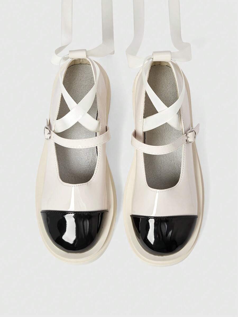 ROMWE Women's Fashionable Sweet Bow Decor Lace-Up Flats Valentine's Day - Black + white splicing - View 1